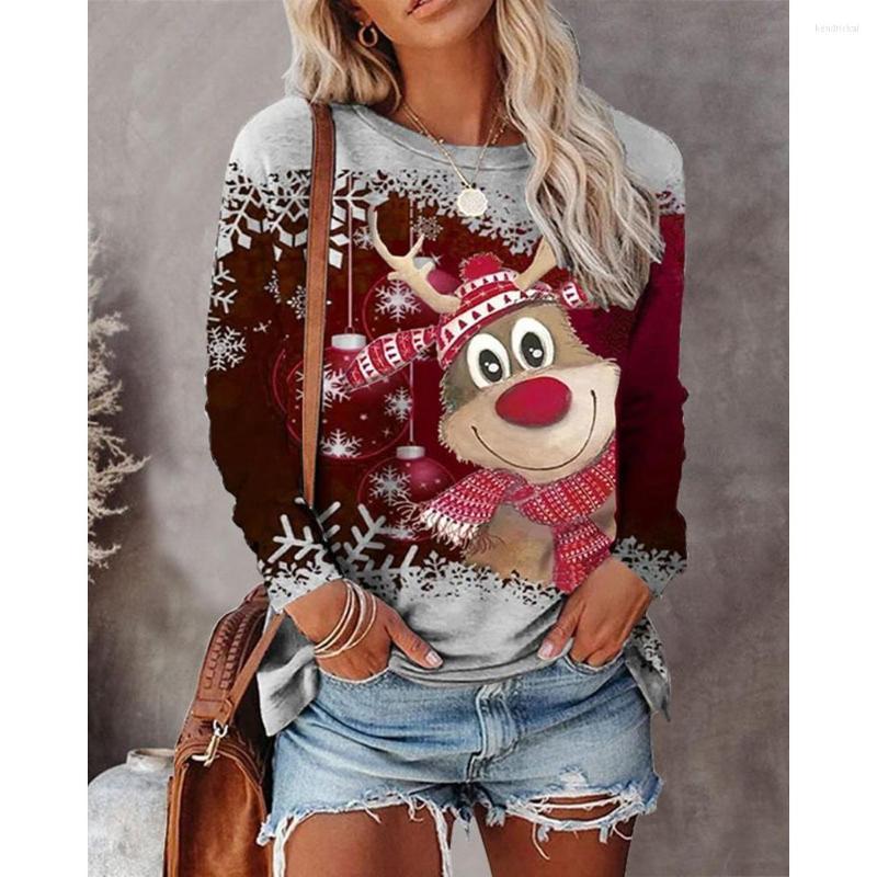 

Women' T Shirts Women Christmas Snowflake Elk Print Long Sleeve Casual Tee Top Fashion O Neck T-Shirts Fall Winter Y2k Clothing, Wine red-01
