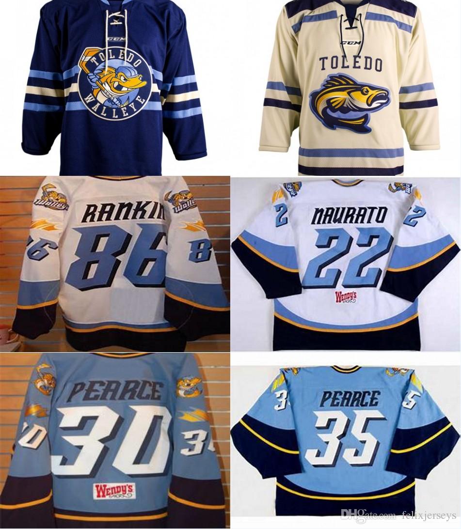 

Toledo Walleye 22 Naurato 30 Pearce 35 Pearce 86 Evan Rankin 100% Embroidery Custom any name or number Mens Womens Youth Hockey Jersey, Custom any name or number blue