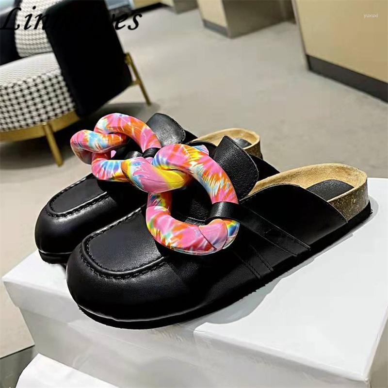 

Slippers 2023 Flat Women Color Chain Decorate Real Leather Slides Shoes Woman Round Toe Mules, White
