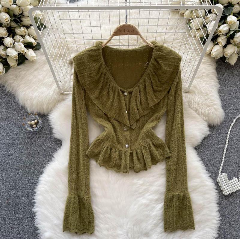 

Women's Blouses Elegant Sweet Ruffle Lace Blouse Vintage Flare Long Sleeve V Neck Korean Fashion Crop Top Women Chic Spring Autumn Shirt Y2k, Black