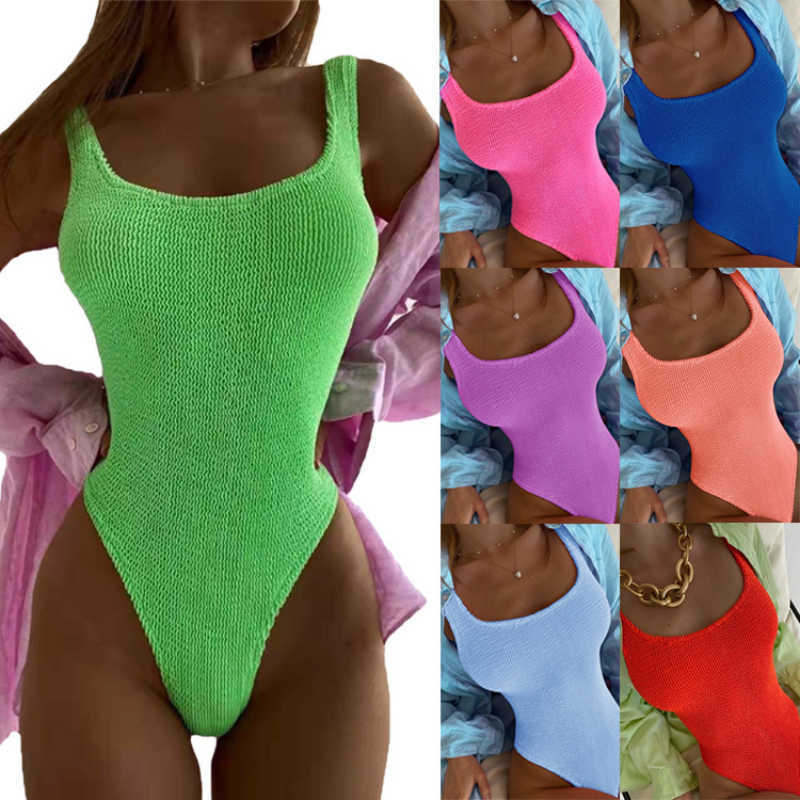 

Bikinis set 2022 Special Fabric Crinkle Cloth Wavy Strip Candy Color One Piece Swimsuit Ladies Fluorescent Crinkle Cloth Swimwear Bikini P230316