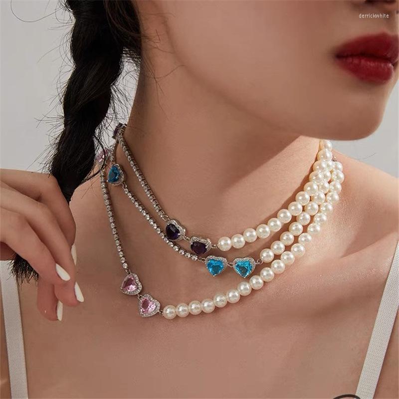 

Pendant Necklaces Korean Luxury Pink/Blue/Purple Heart Crystal Necklace For Women Girls Elegant Pearl Beads Choker Party Jewelry Gifts