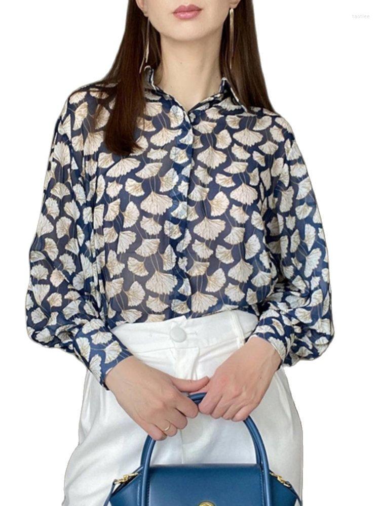 

Women' Blouses 2023 Spring Autumn Fashion Women England Style Cozy Long Sleeve Blouse Lady Elegant Leaf Printing Loose Silk Satin Shirts, 8943 navy