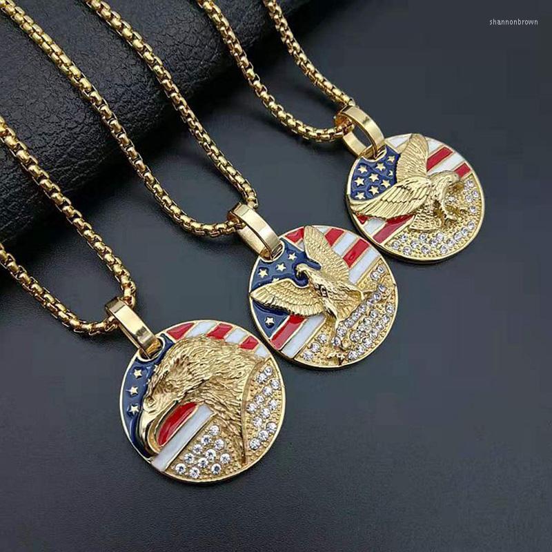 

Pendant Necklaces Hip Hop Rhinestones Paved Bling Iced Out Solid Stainless Steel American Flag Eagle Pendants Necklace For Men Rapper