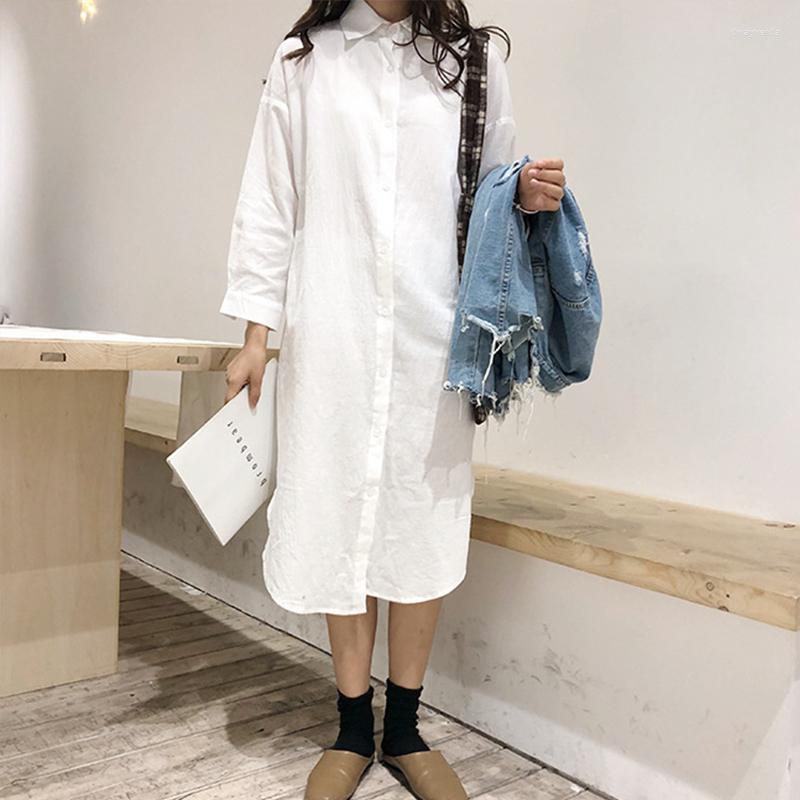 

Casual Dresses Long Sleeve Turn Down Collar Autumn Mid-length Shirt Women Cotton Linen Loose Sunscreen Coat Solid Color, Blue