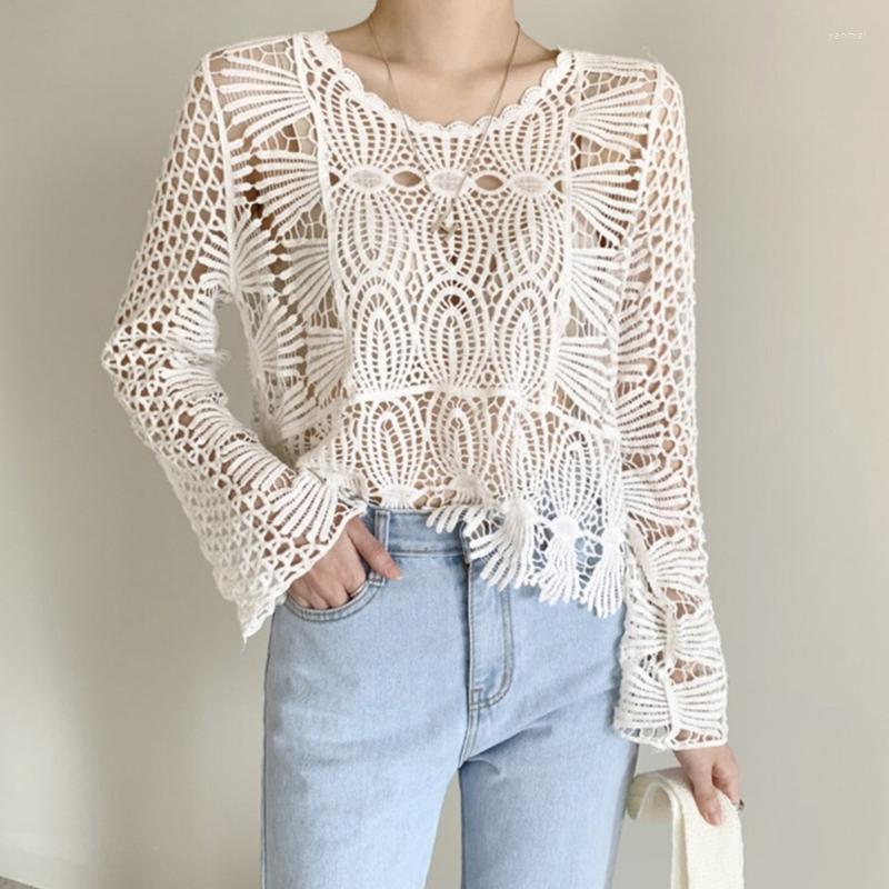 

Women's T Shirts Women Summer Crochet Hollow Out Cover Up T-Shirt Flare Long Sleeve Knitted Floral Lace Pullover Crop Top Mesh Net, Apricot