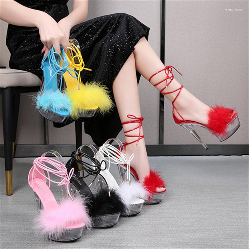 

Sandals Women's 2023 Summer Waterproof Platform Transparent Plush High Heels Ankle Cross Straps Thin Heel Pole Dance Shoes, Sky blue