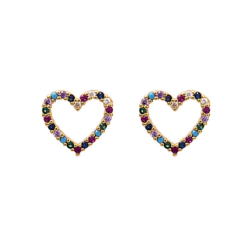 

Stud Earrings Rainbow Crystal Heart For Women Personality Gold Brass Zircon Colorful JewelryStud