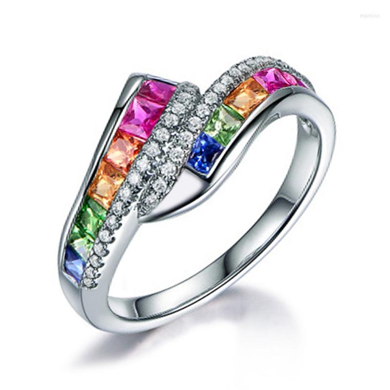 

Wedding Rings Trendy Ladies White Filled Multicolor Rainbow Zircon Elegant Ring Engagement Jewelry