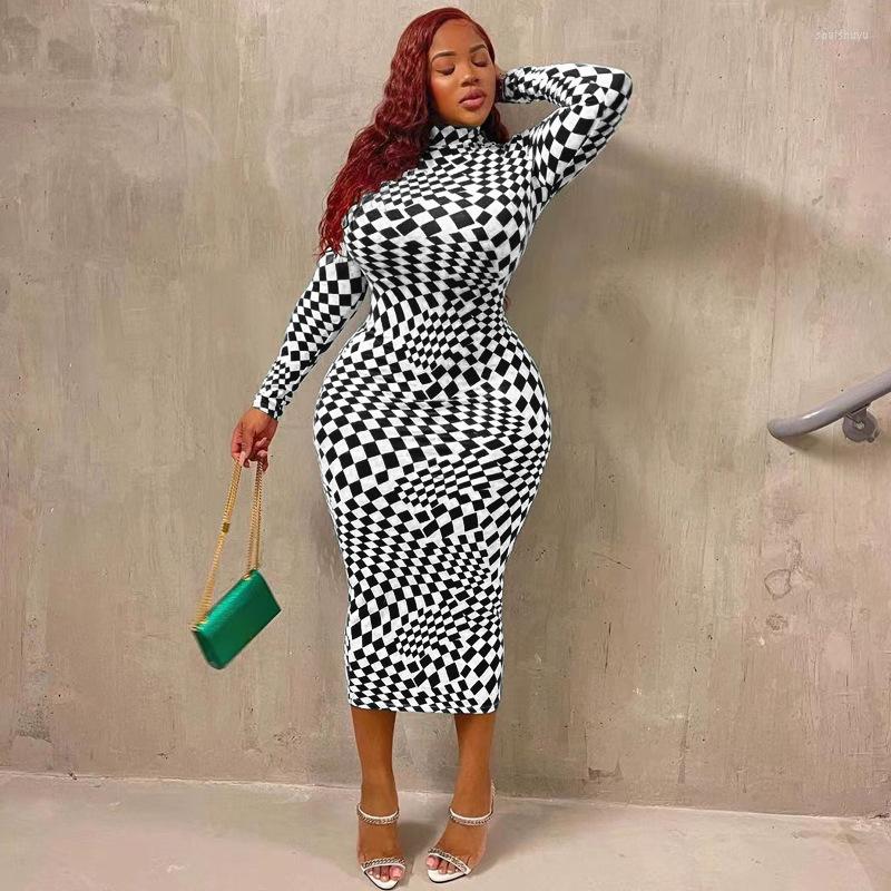 

Casual Dresses LFRVZ 2023 INS Plaid Women Of Quality Office Lady Young Sexy Turtleneck Full Sleeve High Waist Long Pencil Dress, Yellow white