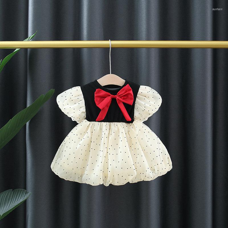 

Girl Dresses Born Baby Dress Summer Princess Fashion Clothes Bow Puff Sleeve Polka Dots Toddler Infant, Beige