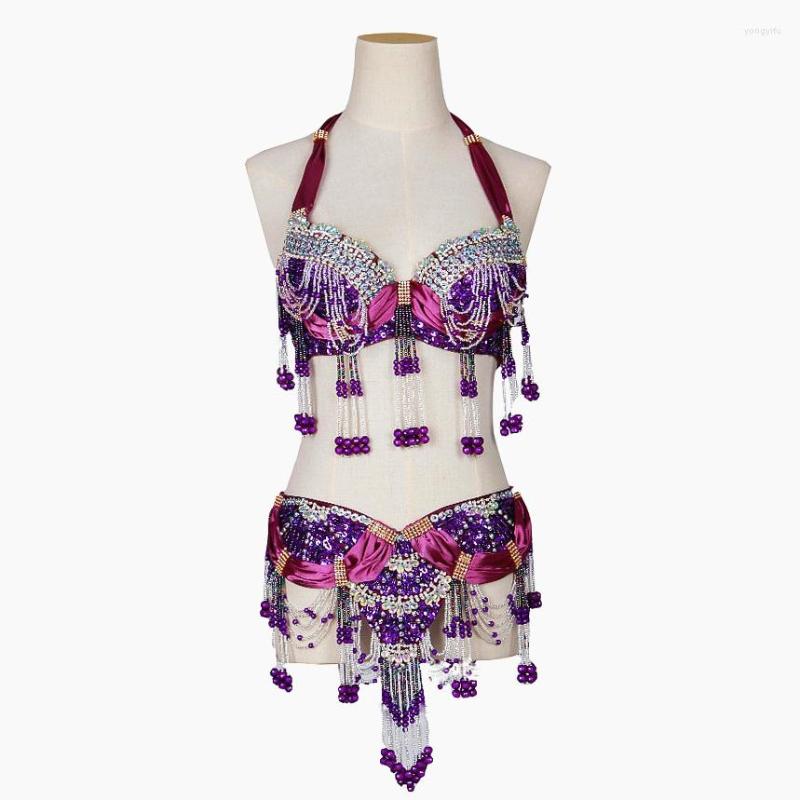 

Stage Wear Size S-XL Performance 11 Colors Women Dancewear Professional 2pcs Outfit Oriental Beads Costume Belly Dance Bra Belt, Gold 2pcs set
