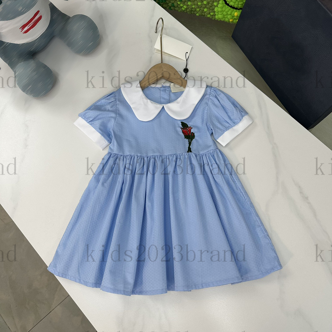 

sweet girls Doll collar dress short sleeve cotton dress brand designer pleated dresses for girls high end princess skirts sky blue color rose embroidery skirts, 7#