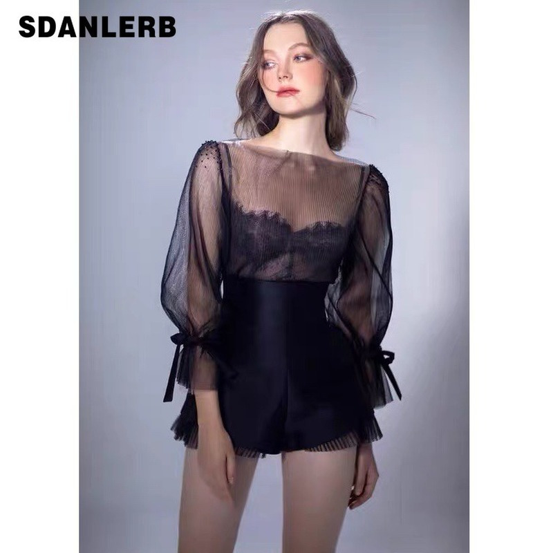 

Womens Two Piece Pants Black French Retro Top Summer Long Sleeve Mesh Shirt Sexy Slimming Blusas De Mujer Lace Sling Shorts Elegant Set 230317, Only mesh shirt
