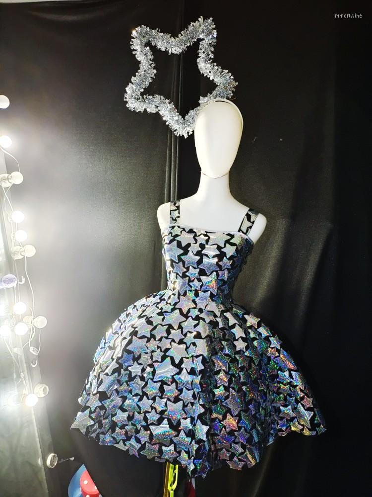 

Casual Dresses Sexy Glitter Laser Mirror Slit Dress Female Singer Host Dancer Stage Costume Birthday Party Bar Prom Performance Clothing