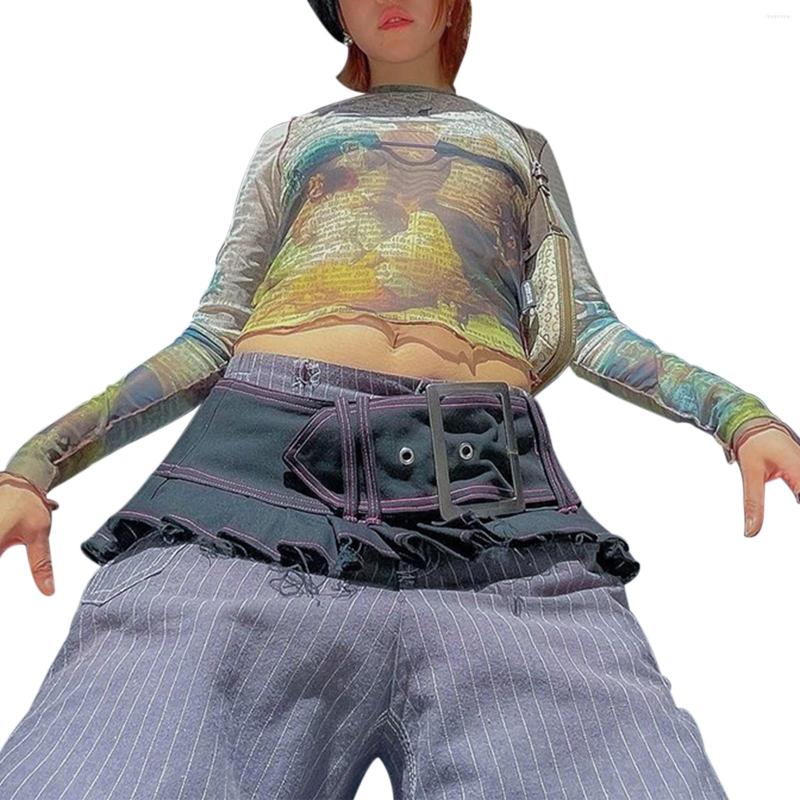 

Women' T Shirts Women Clothing Sexy Polyester Crop Tops Spaper Print Long Sleeve Round Neck T-shirts For Party Travel, Multi