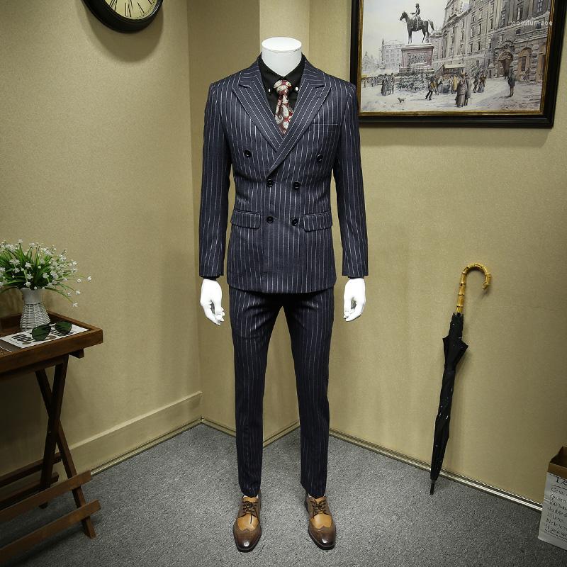

Men's Suits Men Suit Autumn Winter Mens With Pants Deep Grey Stripe Double Breasted Wedding For Blazer Pant, Blazer pant set