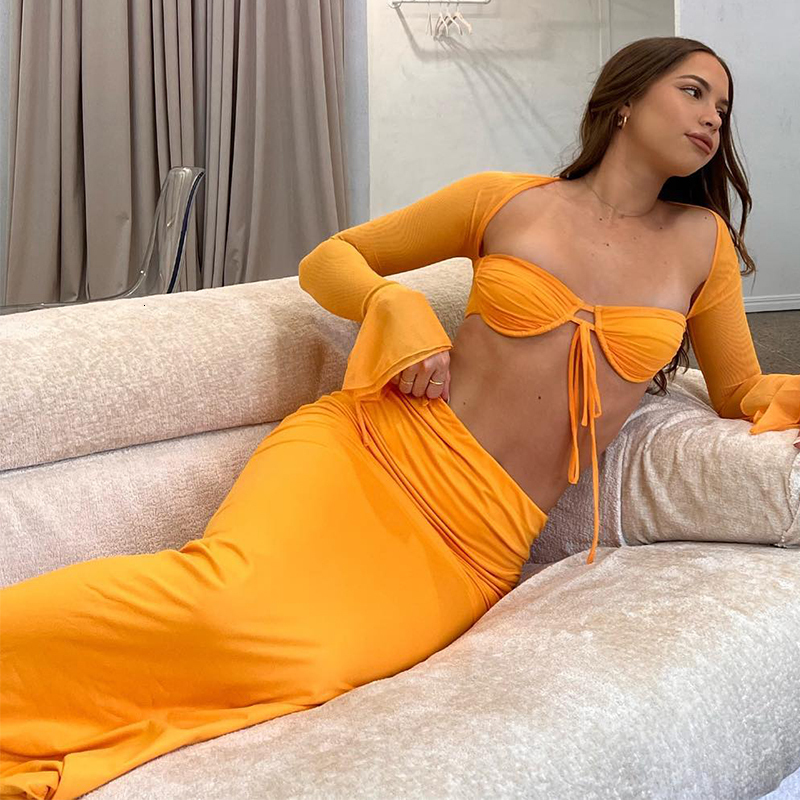 

Two Piece Dress Townlike Yellow Backless Sexy Set Lace Up Top Hollow Out Long Skirt Women Elegant Party 2 230317