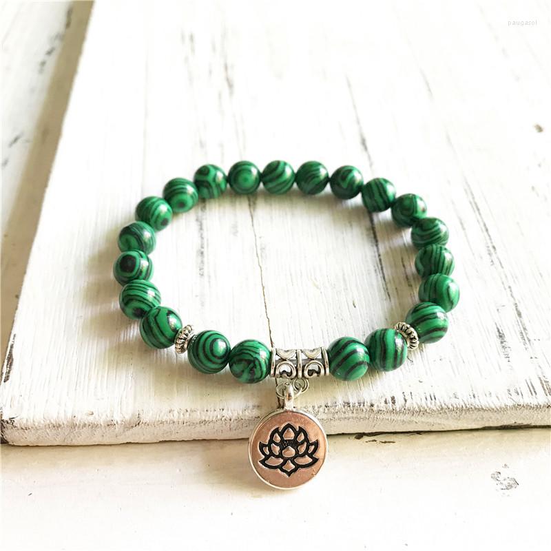 

Strand Natural Malachite Bracelet Green Beads Yoga Bracelets Lotus Flower Healing Wrist Mala Energy Jewelry Her Gift