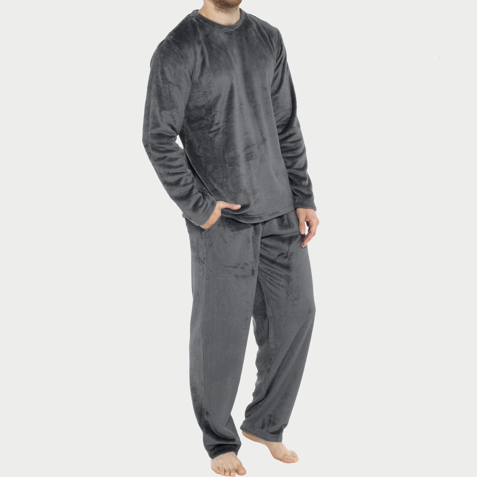 

Men' Sleepwear Mens Four Seasons Fashion Leisure Soft Home Solid Color Shirt Pants Pajama Set Home Service Two Piece Set Long Fleece Warm 230317, Black