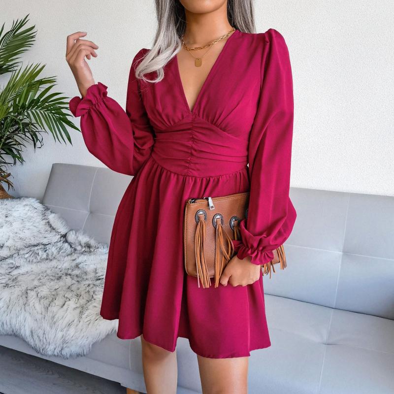 

Casual Dresses Women Ruched Dress Solid Elegant V-Neck Long Sleeve Strap Open Back Sexy Mini Autumn Office Lady Vestidos