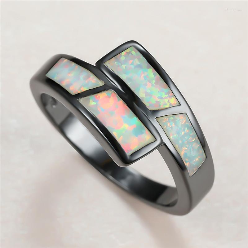 

Wedding Rings Punk Male Female White Opal Stone Charm Black Gold For Women Vintage Bride Geometry Thin Engagement Ring