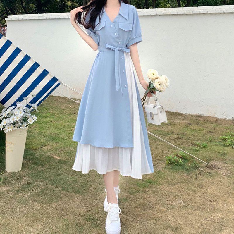 

Casual Dresses Dress Women Fashion Summer Slim A-line Button Lady Elegant Korean Style Trendy Short Sleeve Vintage Double-layer Vestidos, Sky blue