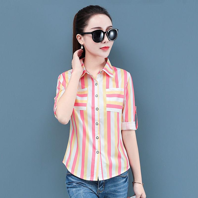 

Women' Blouses & Shirts Fashion Woman 2023 Chiffon Long Sleeve Women Striped Blouse Shirt Office Work Wear Womens Tops And, Green