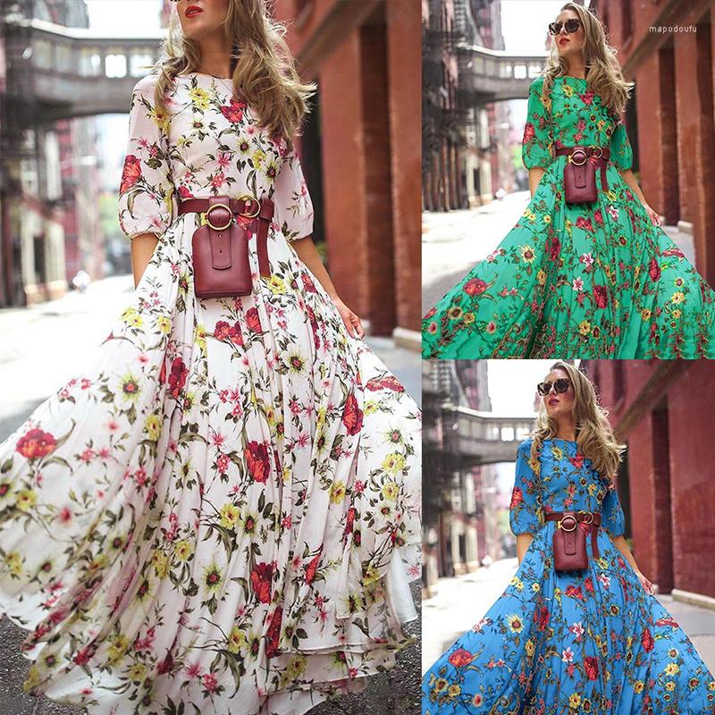 

Casual Dresses Women Chiffon Print Swing Maxi Dress Bohemian Resort Long Lantern Sleeve Boho Loose O-neck Waist Belt 2023, Blue