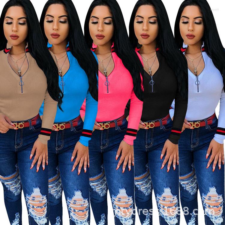 

Women' T Shirts Zaggin 2023 Autumn Women Solid 3-colors Zipper Slim Tops Casual Lady Half Turtleneck Pit Striped, Black