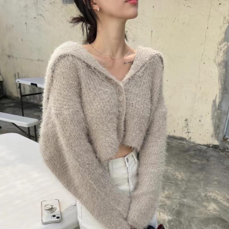 

Women's Knits Korean Chic Furry Sweater Jacket Women Spring Fall 2023 Long Sleeve Single Breasted Sailor Collar Casual Short Knitted, Black