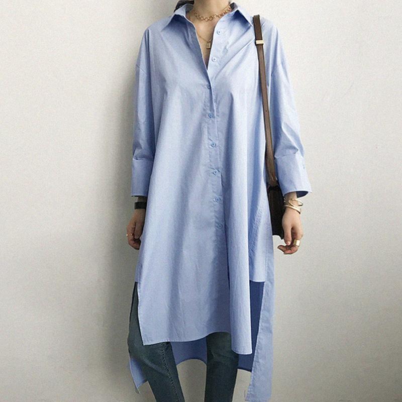 

Women' Blouses Casual Long Loose Blouse Turn-down Collar Side Split Women Shirts Summer Single Breasted Female Tops Blusas Vestidos 2023, Blue