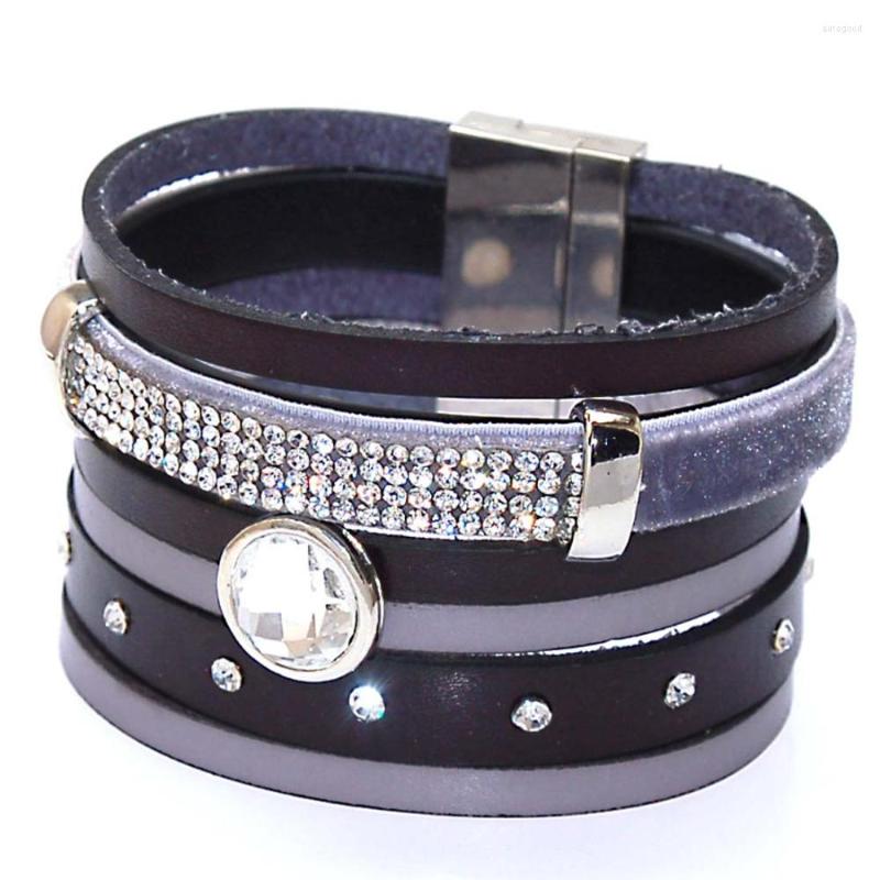 

Strand Miasol Multilayers Genuine Leather Straps Wrap Brazilian Style Wide Magnetic Clasp Crystal Charm Women Girls Bracelets Gifts