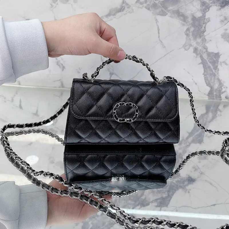 

2023 French Women Messenger Vanity Black Bag Tote Aged Silver Metal Hardware Chain Crossbody Shoulder Cosmetic Designer Handbag