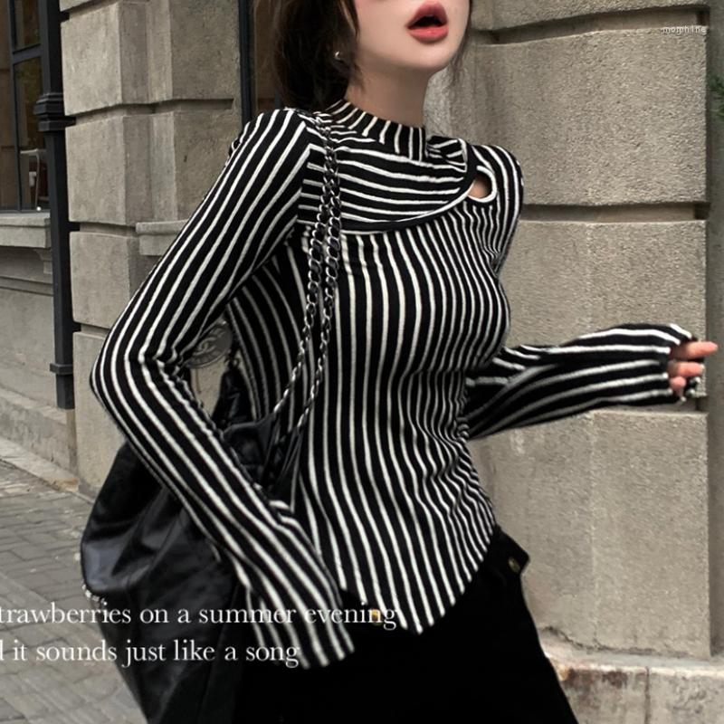 

Women's T Shirts Streetwear Contrast Color Striped Casual Long-sleeved T-shirt Women 2023 Spring O-neck Irregular Sexy Slim Tops, Black