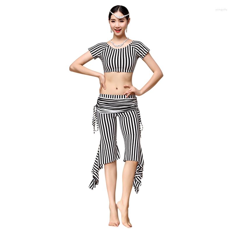 

Stage Wear Belly Dance Practice Clothing Yoga Clothes Halter Crop Top Inseparable Trousers Stripe Pants And Tops 2-piece Costume Set, Stripe 1