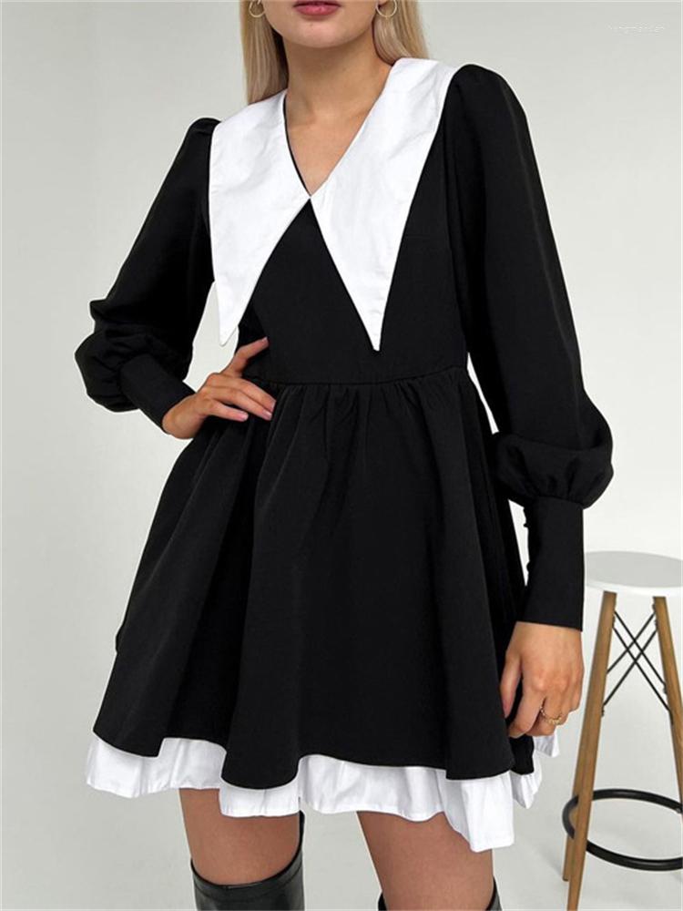 

Casual Dresses Tossy Turn-Down Collar V-Neck Vintage Dress Womens French Long Lantern Sleeve Bodycon Mini Chic A-line Vestidos, Black