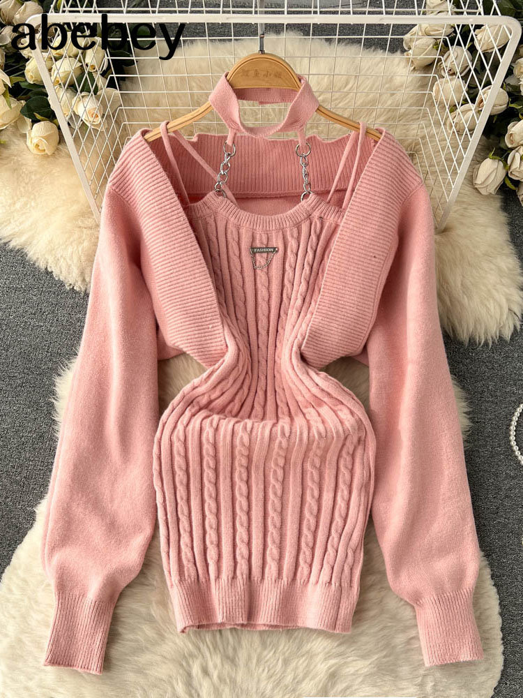 

Two Piece Dress Pink Knitted Women Sets Loose Long Sleeves Cardigan Sweater Solid Elastic Mini French Style Casual Set 230317, Black