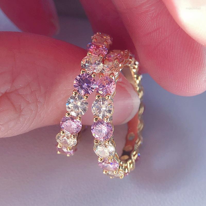 

Cluster Rings S925 Sterling Silver Plated Yellow Gold With Pink Colorful CZ For Girl Party Fine Jewelry Drop