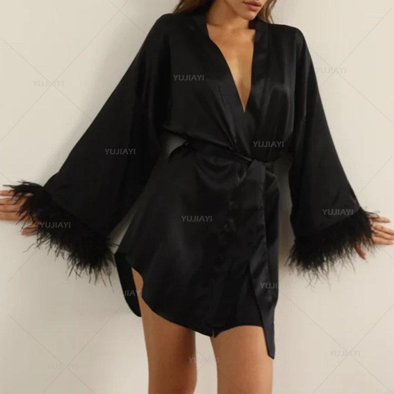 

Women's Sleepwear Feather Bridal Bathrobe Long Sleeves Satin Silk Wedding Short Robes Nightgowns Party Wear Women Dress Kimono Pajamas, Black