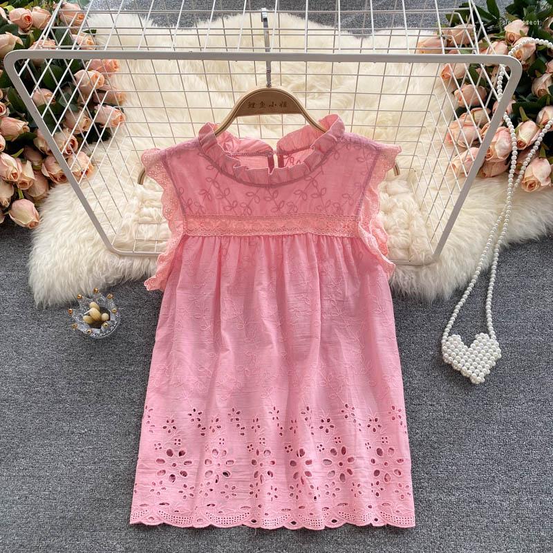 

Women's Blouses Womens Tops And 2023 Fashion Ruffle Edge Stand Collar Sleeveless Embroidery Lace Blouse Women Boho Summer Top, Blue