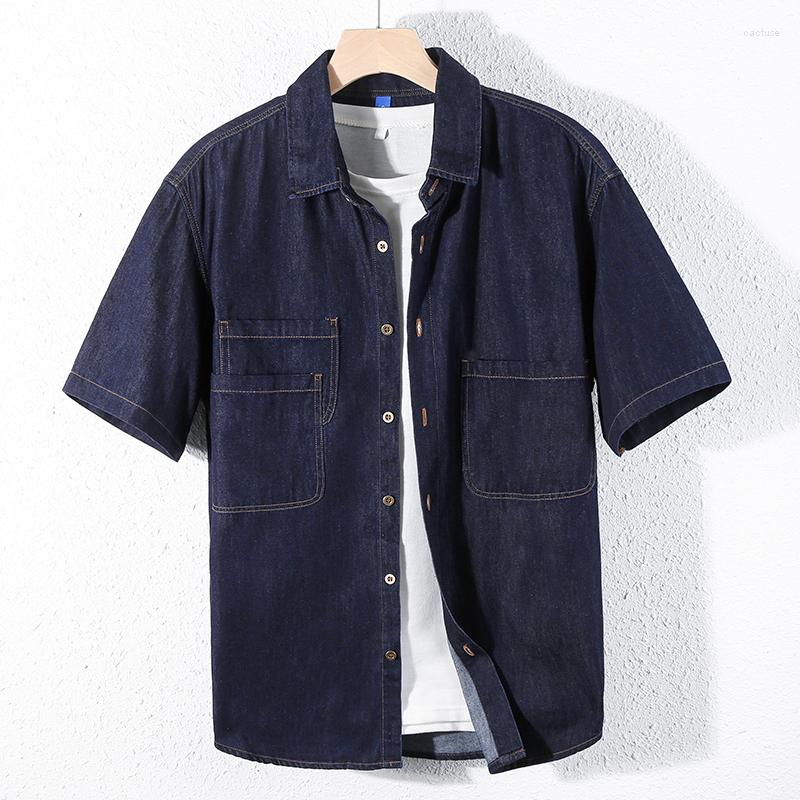 

Men's Casual Shirts Japanese Retro Loose Short-sleeved Denim Shirt 2023 Summer Men's Trendy Male Classic Brand Black Cargo