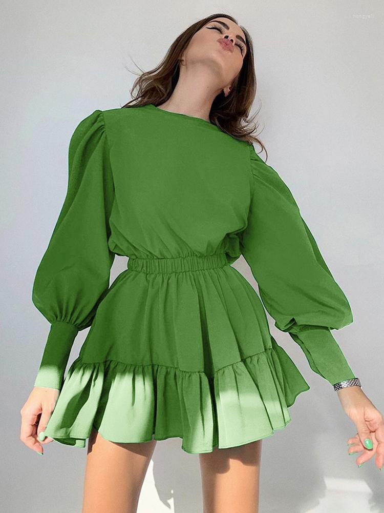 

Casual Dresses Sexy Girl Solid Tierred Mini Dress Autumn Lantern Sleeve Waist Temperament Commuter French Retro Long-sleeved A2100, Rose red