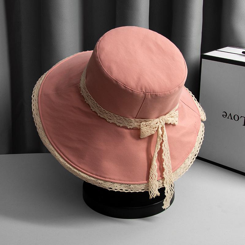 

Wide Brim Hats Summer Woman Sunhat Cotton Lace Flat Top Outdoor Street Seaside Sun Protection Fashion All-Match, Black