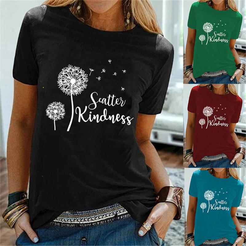 

Women's T Shirts Dandelion Scatter Kindness Printed T-shirts Women Summer Shirt Graphic Tee Loose O Neck Harajuku Top, Jy-000293-20