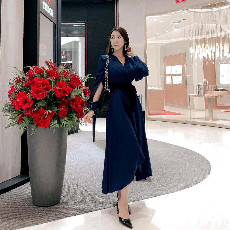 

Casual Dresses Autumn Winter Streetwear Dress Women Long Sleeve Asymmetrical Midi With Sashes Solid Robe Longue Femme Ete, Blue