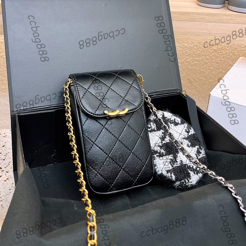 

2IN1 Women Designer Phone Holder Bag Houndstooth Coin Pouch Purse Black Pink Quilted Wallet Gold Metal Hardware Matelasse Chain Crossbody Shoulder Handbag 15X10CM, Box1