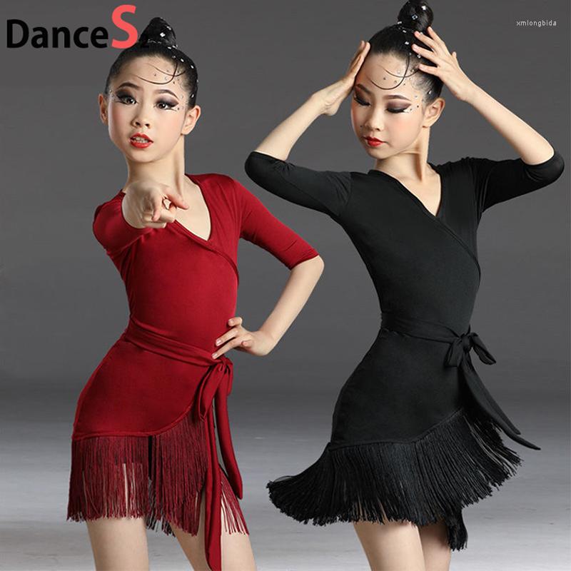 

Stage Wear Children'S Latin Dance Dress Tassel Practice Clothes Girls Competition Performance, Black