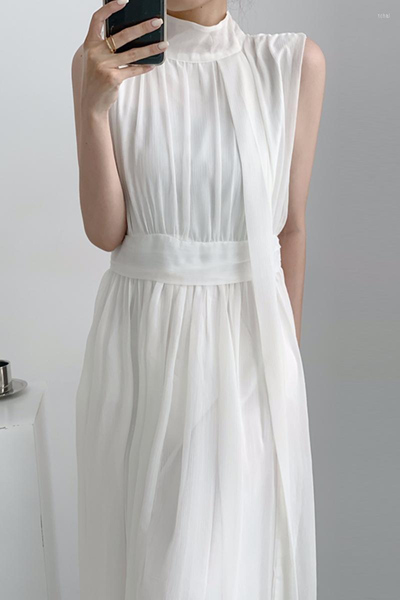 

Casual Dresses Long Women Korean Chic Summer Robe French Romantic Stand Collar Streamer Design Waist Slim Sleeveless Vest Dress, Creamy-white