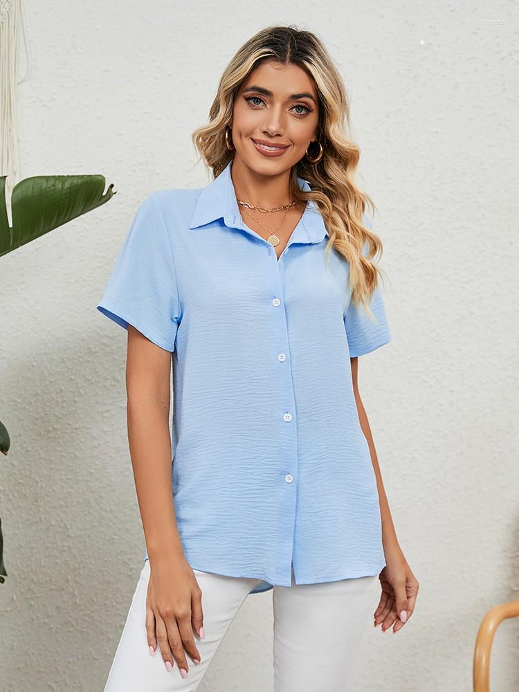 

Women' Blouses Summer Short Sleeve For Women 2023 Fashion Turn Down Collar Office Work Shirts Lady Elegant Casual Tops, Sky blue